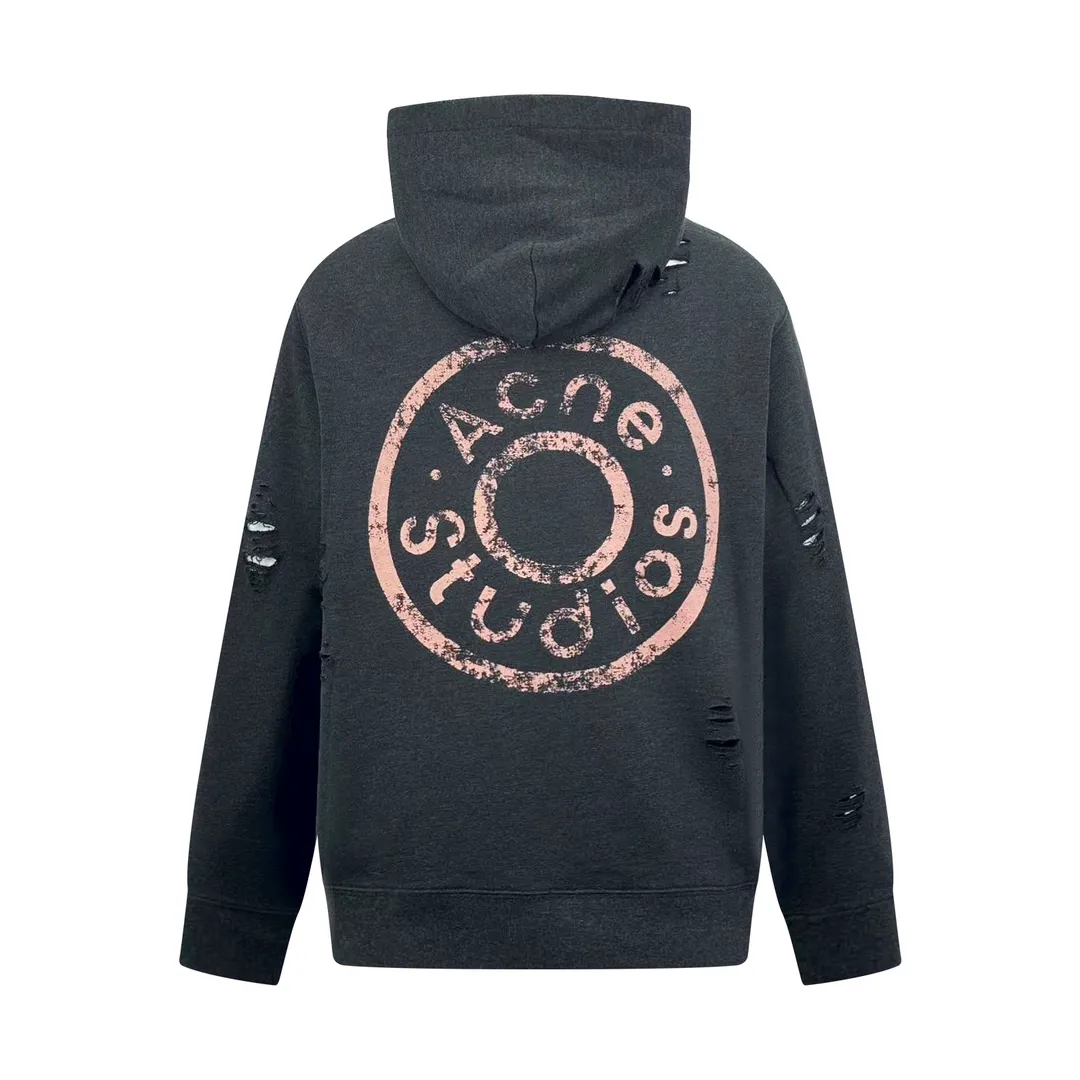 AP Acne Studios ripped distressed logo zipper jacket, custom dyed 1:1 deep soft cotton colored cotton sweatshirt material [The surface fabric and the terry bottom are of the same color (the market fabric In Stock has different colors and does not match the original version). The minimum order quantity of the fabric is 2 tons. The pure fabric manufacturing process takes 45 days] Cloud-like touch, delicate and soft, comfortable and skin-friendly. The main color is deep black, just like the mottled rust on ancient copperware. The front panel is presented with a homogeneous clean fit. The back panel is engraved with the uninhibited soul of Acne Studios. The ingenious integration of hole elements is spread freely on the black canvas. It is a deliberate rebellion and a break away from the traditional shackles. It is unique in the wave of the trend. Process 1: Use glue printing. The chest printing has been modified three times by the film screen. Use glue liquid paint to print the pattern on the fabric. Bake the fabric to fix the printing pattern. Process 2: Many parts of the body of the garment are worn by pure artificial regular positioning and manual brushing to add texture and depth to the surface of the clothing to imitate the texture of natural wear. Process 3: The fabrics are washed and have a better hand feel. Not easy to deform, not easy to shrink, not easy to fade, and maintain long-term beauty. Accessories: Customized 1:1 Acne zipper. Customized 1:1 Acne trademark. Version: Loose version. Size: S M L XL. Style number: 25303.